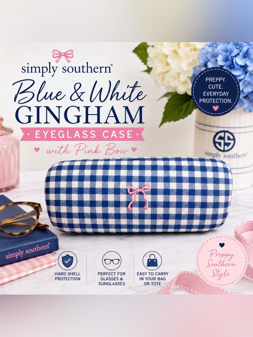 Simply Southern Blue & White Gingham Eyeglass Case Pink Bow Hard Shell NWT